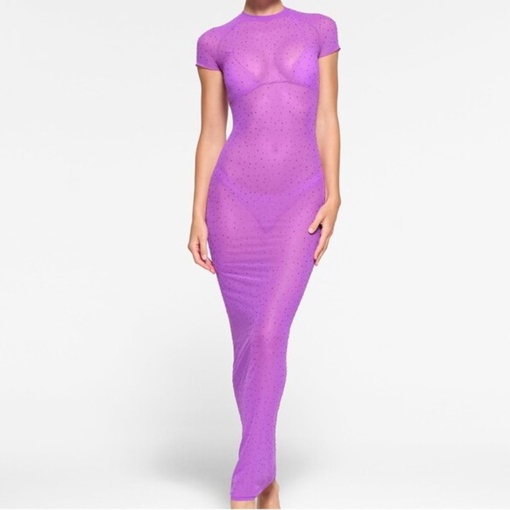 SKIMS MESH RHINESTONE COVER UP LONG DRESS VIOLET SIZE M NWOT